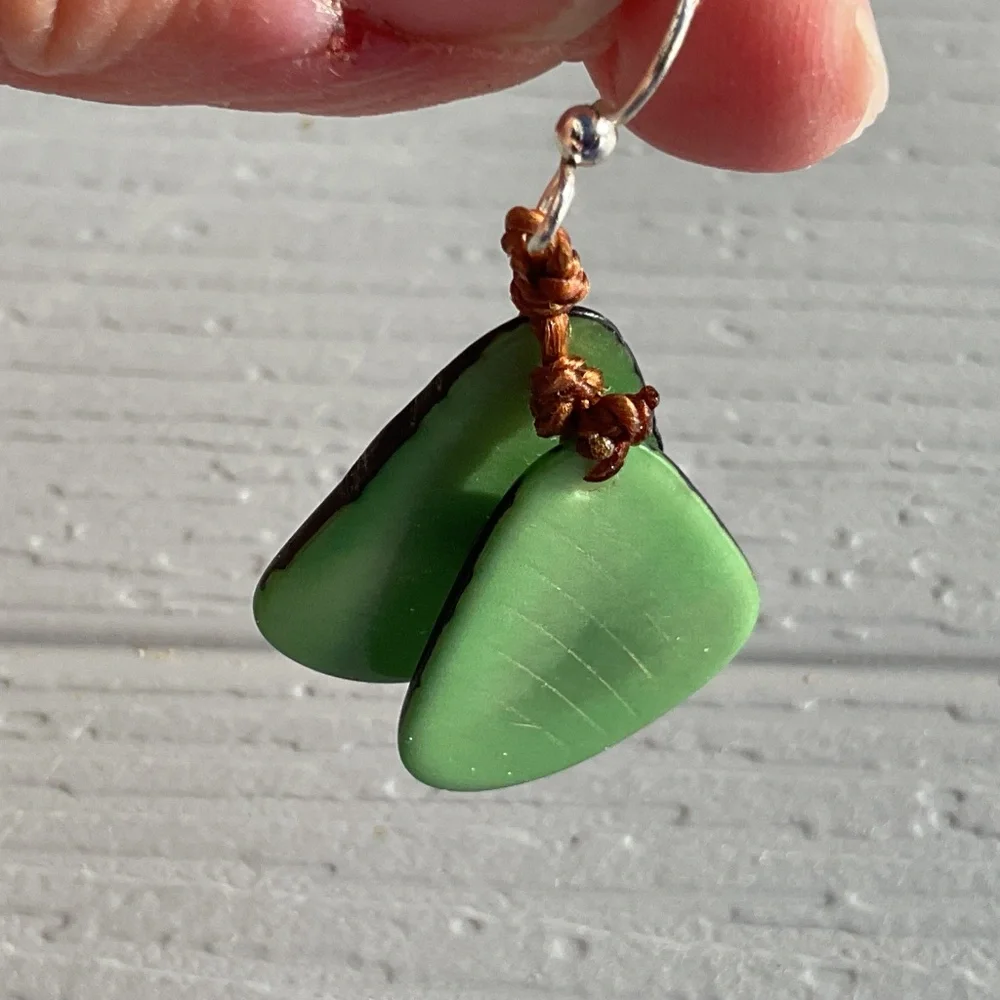 Dangle Earrings Vegetable Ivory Stone Green Handcrafted pierced 2” long
